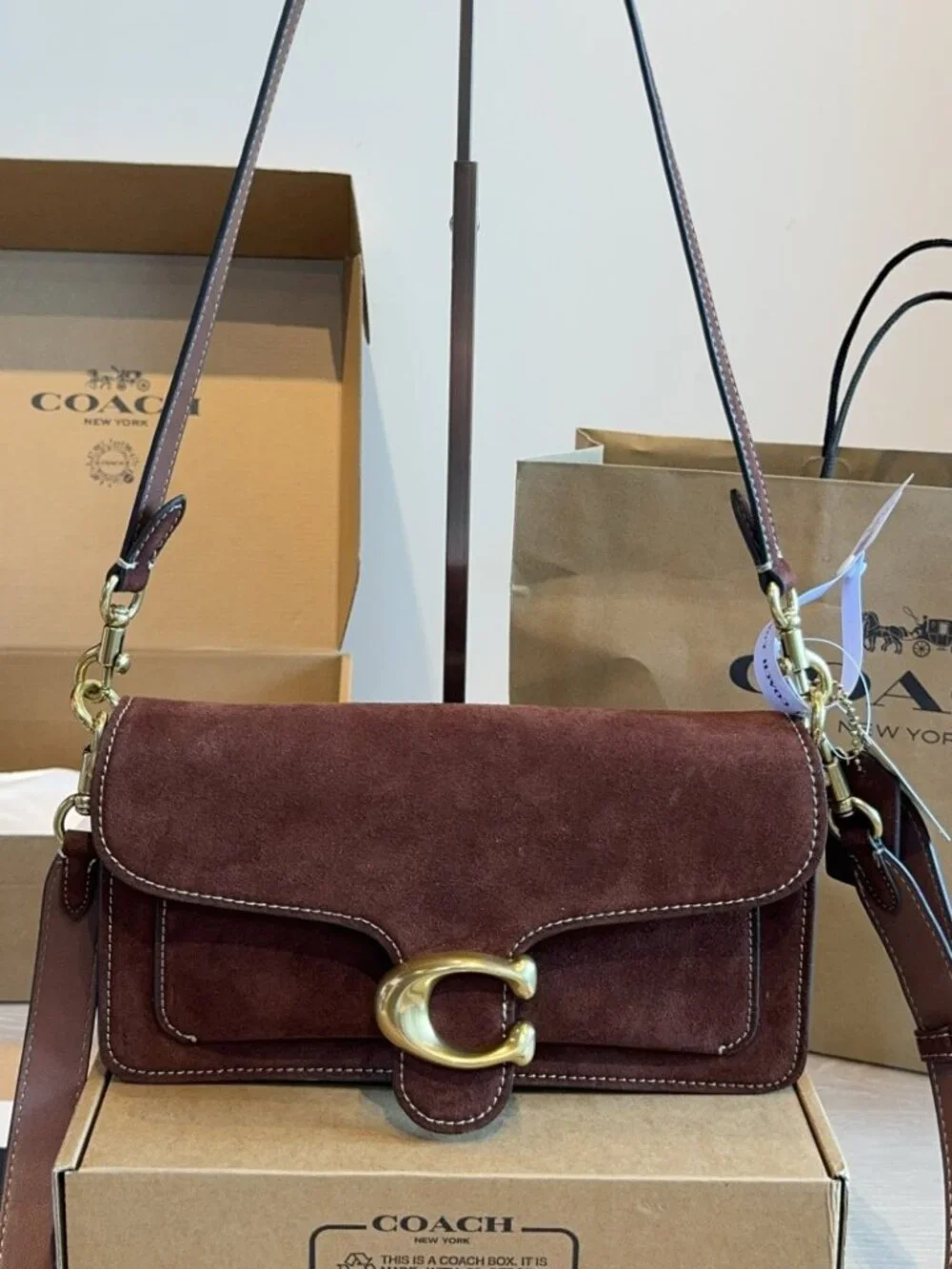 Coach Tabby Baguette Dark Brown Suede Shoulder Bag